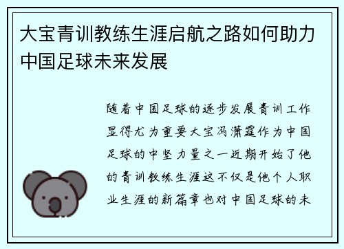 大宝青训教练生涯启航之路如何助力中国足球未来发展