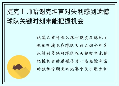 捷克主帅哈谢克坦言对失利感到遗憾球队关键时刻未能把握机会